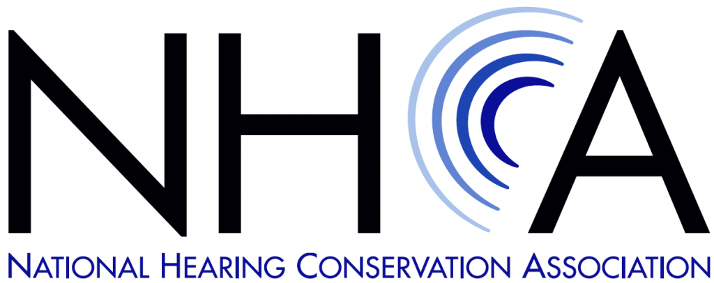 Image that represents the icon for the national hearing conservation association, written as NHCA. The image shows the C to be 4 varying half circles with a fading blue color.